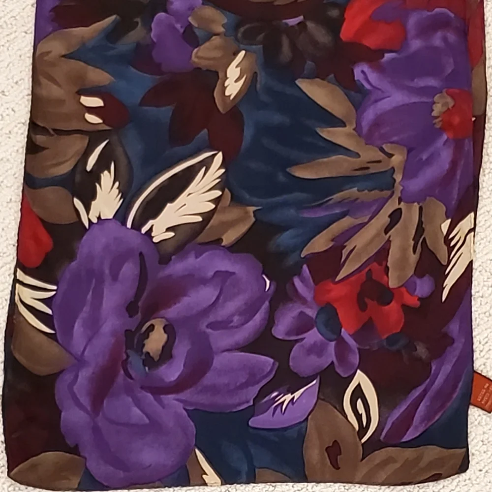 Vintage Axcess 100% Silk Long Floral Scarf, Deep Colors Purple/Teal/Red, EUC